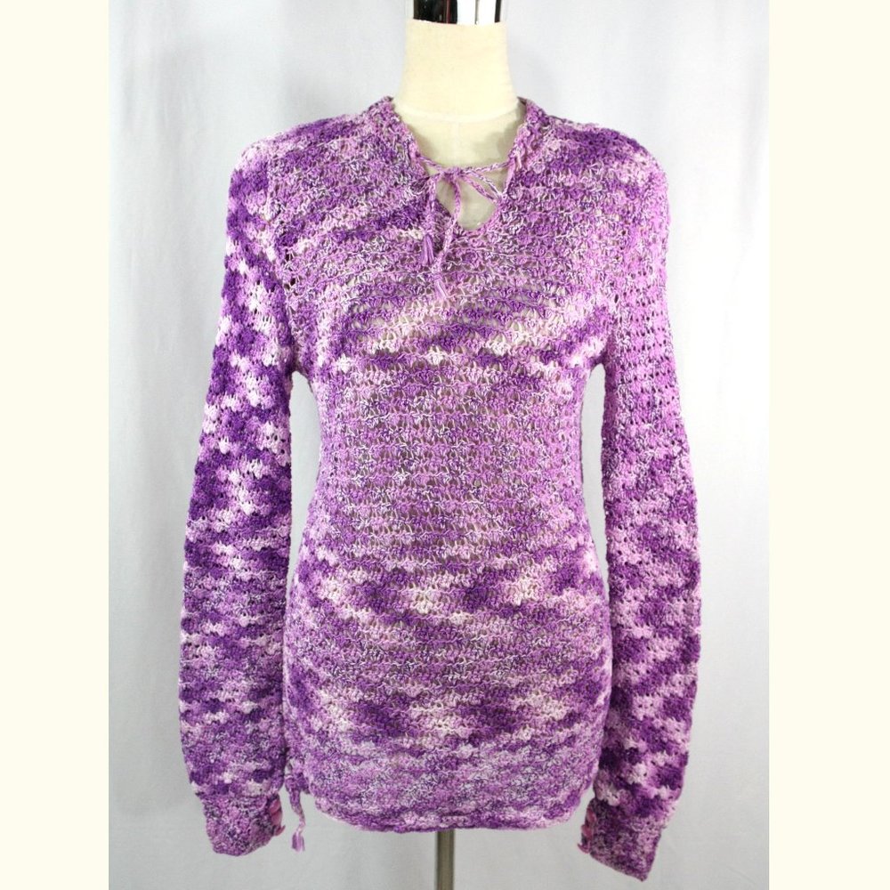 Hand Knit Purple Heather Tie Front Crochet Sweater Tunic Long Sleeve Boho Small